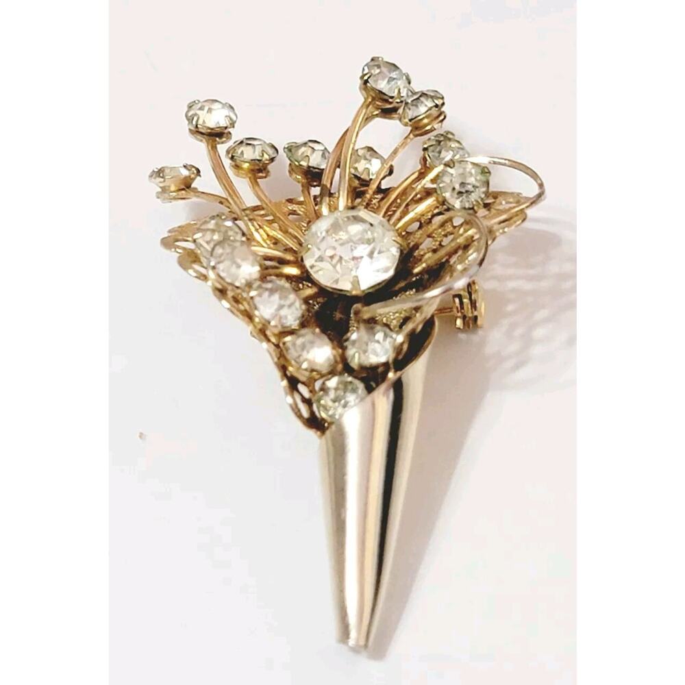 Rhinestone Brooch Pin, 2.5" Floral Spray Flowers, Gold-tone gf1-